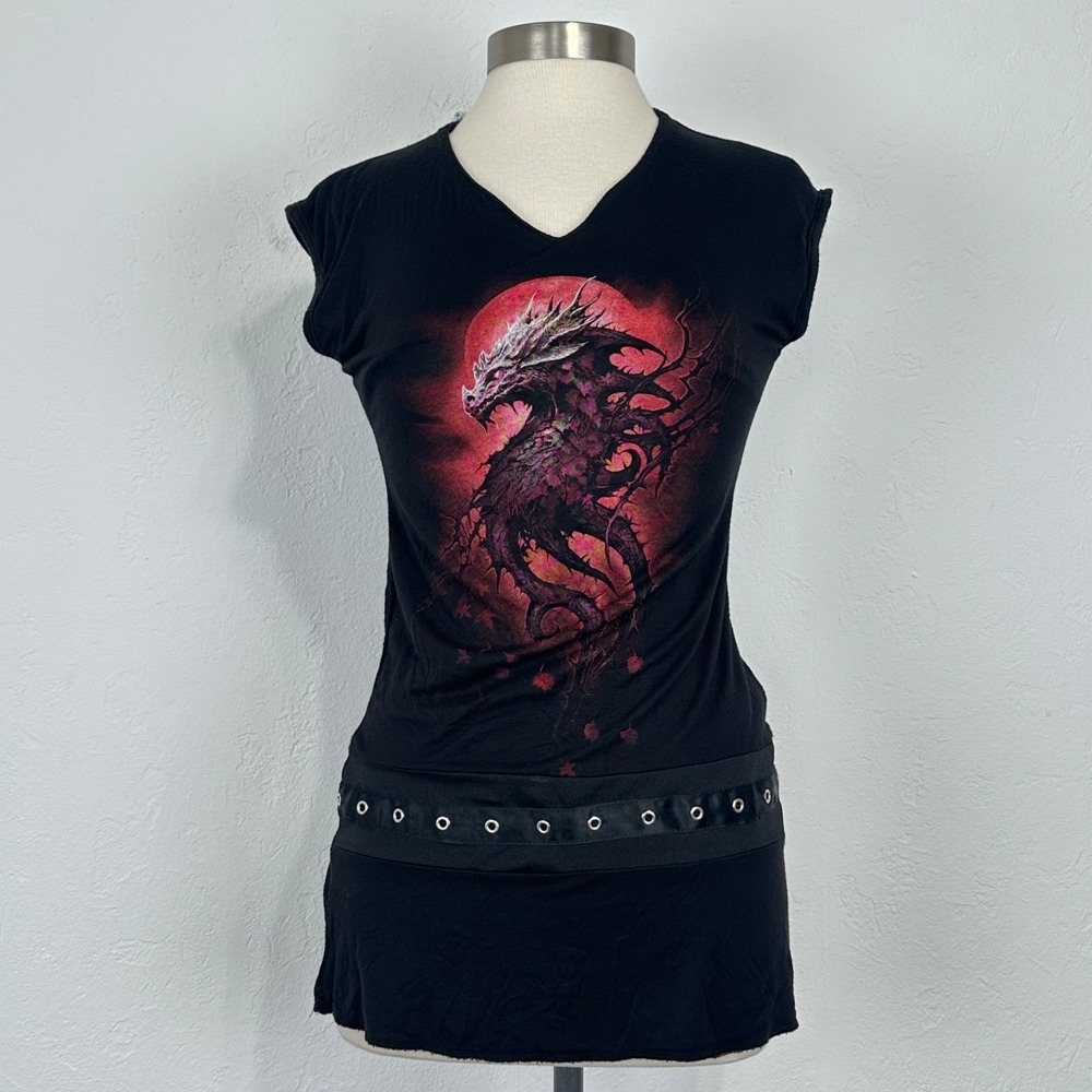Hot Topic Spiral Oak Dragon Mini Dress Black Goth Alt Y2K Grommet V-Neck Stretch